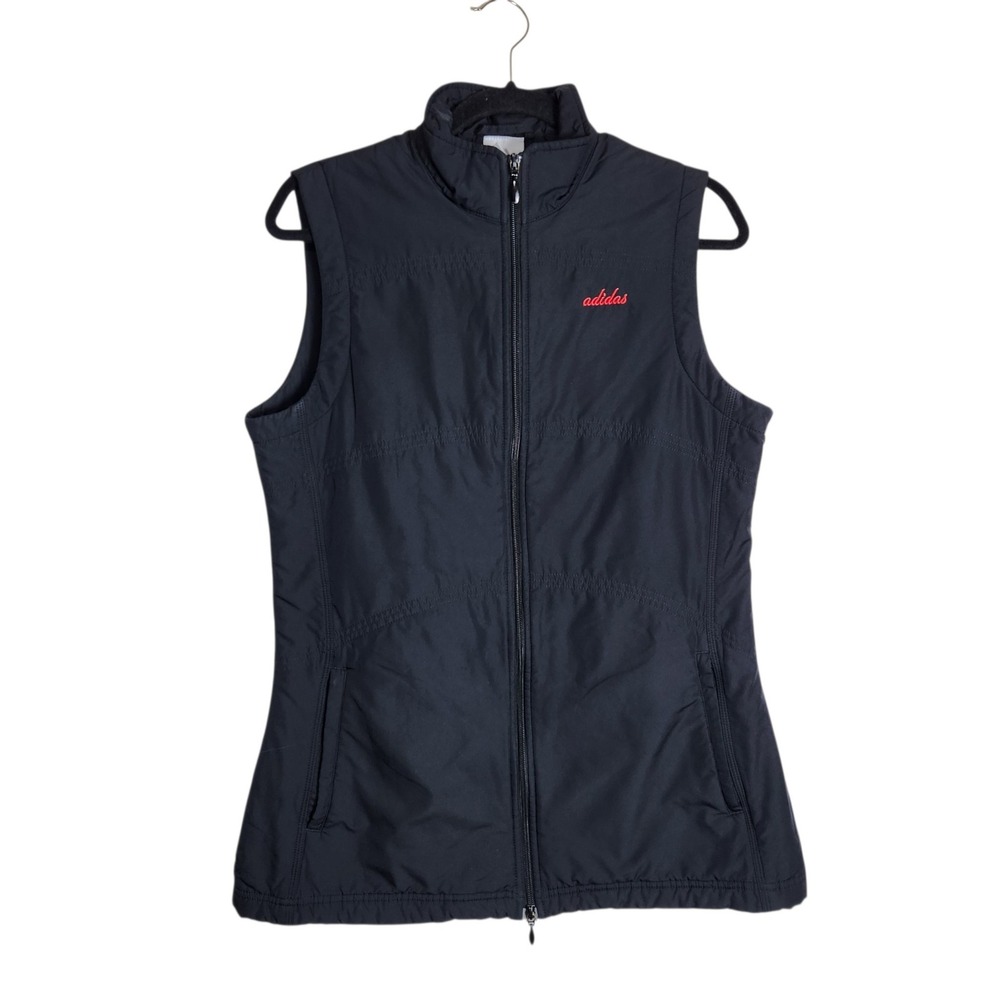 Vintage Adidas Womens Black Full Zip Mock Neck Vest Red Logo Size Large